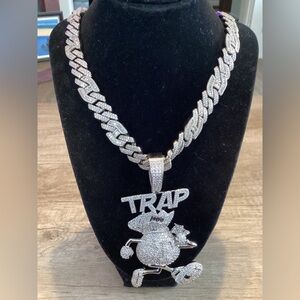 🔥 Men’s CZ Diamond Ice Out Famous Trap Money Bag Big Pendant+Chain 15MM 22Inch